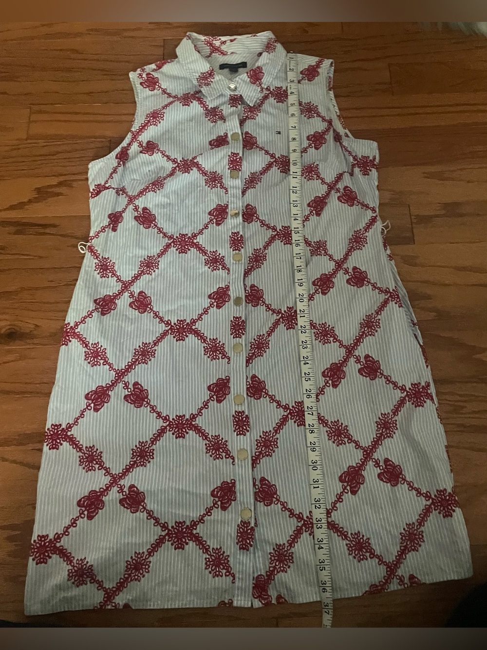 Tommy Hilfiger Blue White Pinstripe Red Embroidered Sleeveless Shirt Dress Sz 10 - Picture 9 of 11